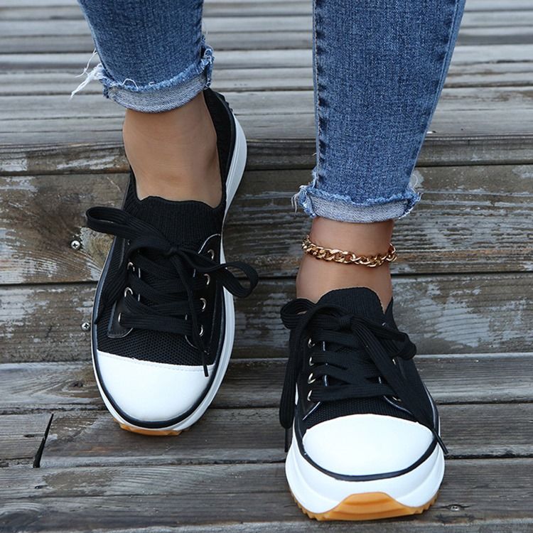 Rund Tå Snörning Lågskurna Övre Canvas Sneakers