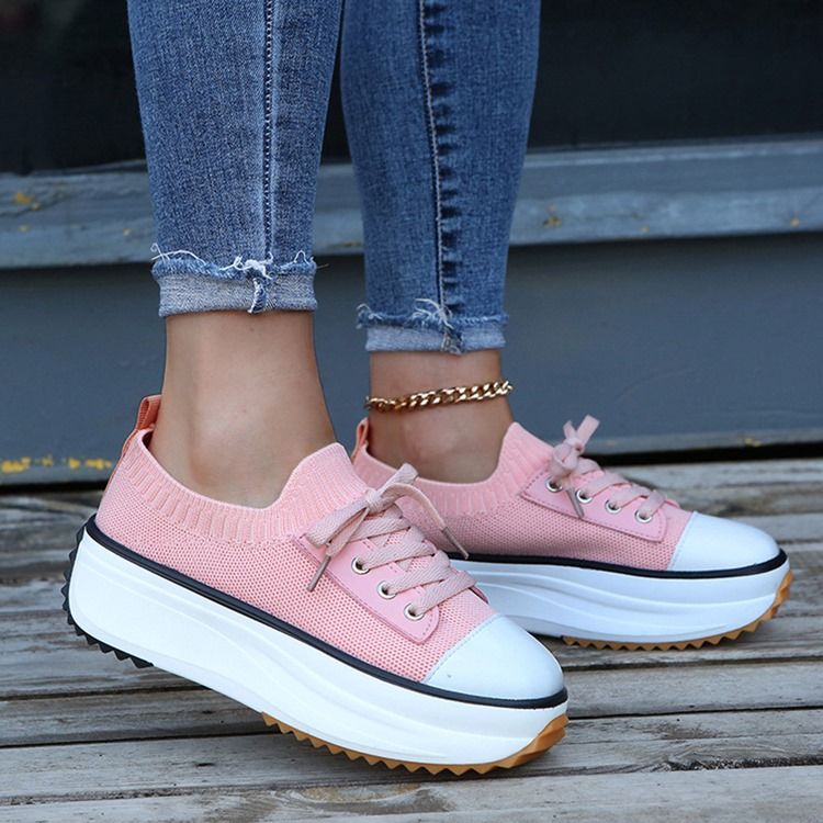 Rund Tå Snörning Lågskurna Övre Canvas Sneakers