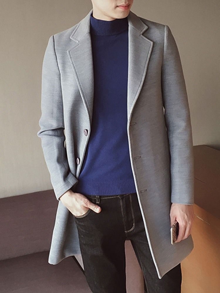 Lapel Button Mellanlängd Vinter Enkelknäppt Herrkappa