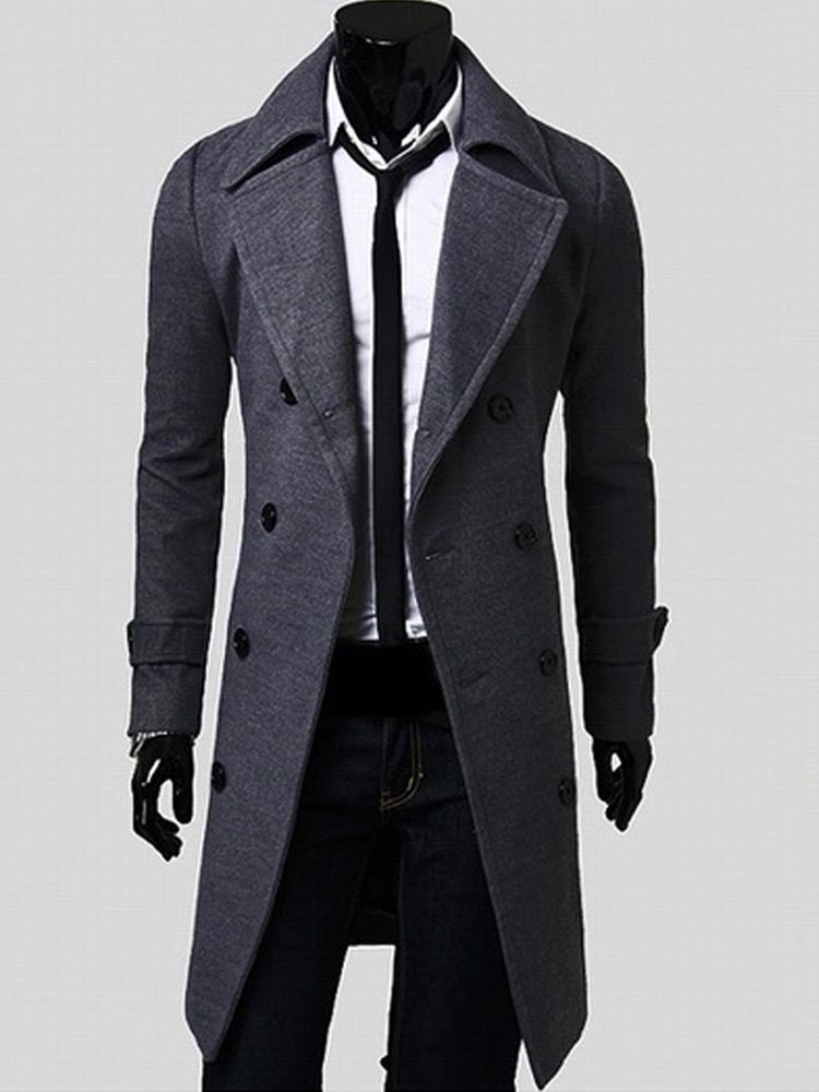 Notched Lapel Dubbelknäppt Slim Peacoat För Män