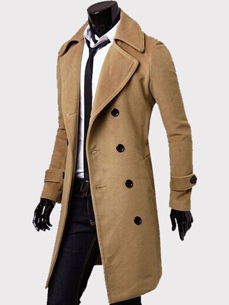 Notched Lapel Dubbelknäppt Slim Peacoat För Män