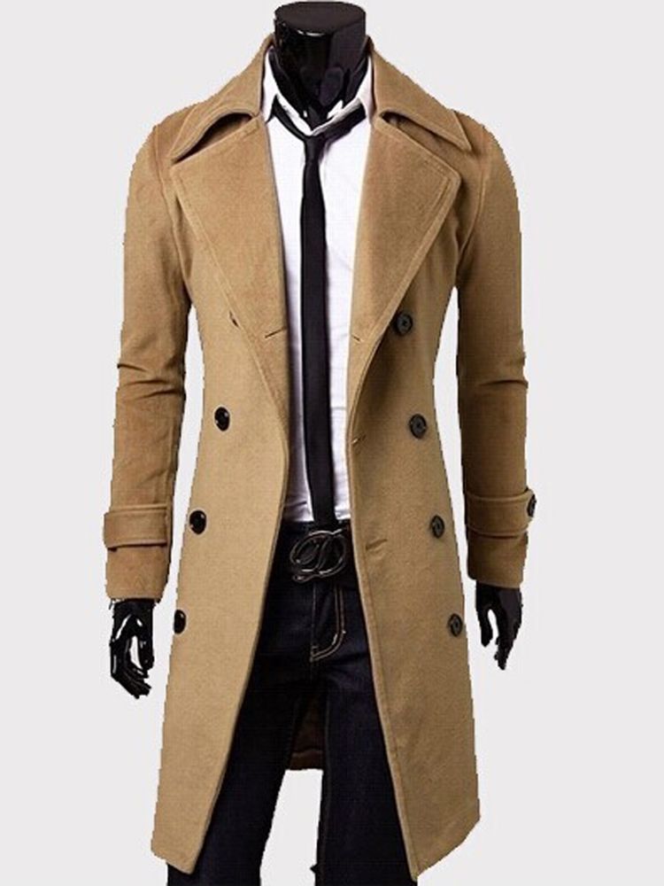 Notched Lapel Dubbelknäppt Slim Peacoat För Män