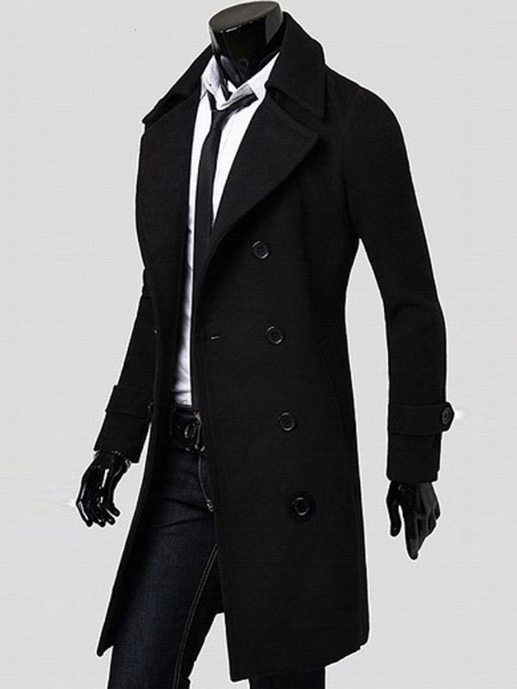 Notched Lapel Dubbelknäppt Slim Peacoat För Män