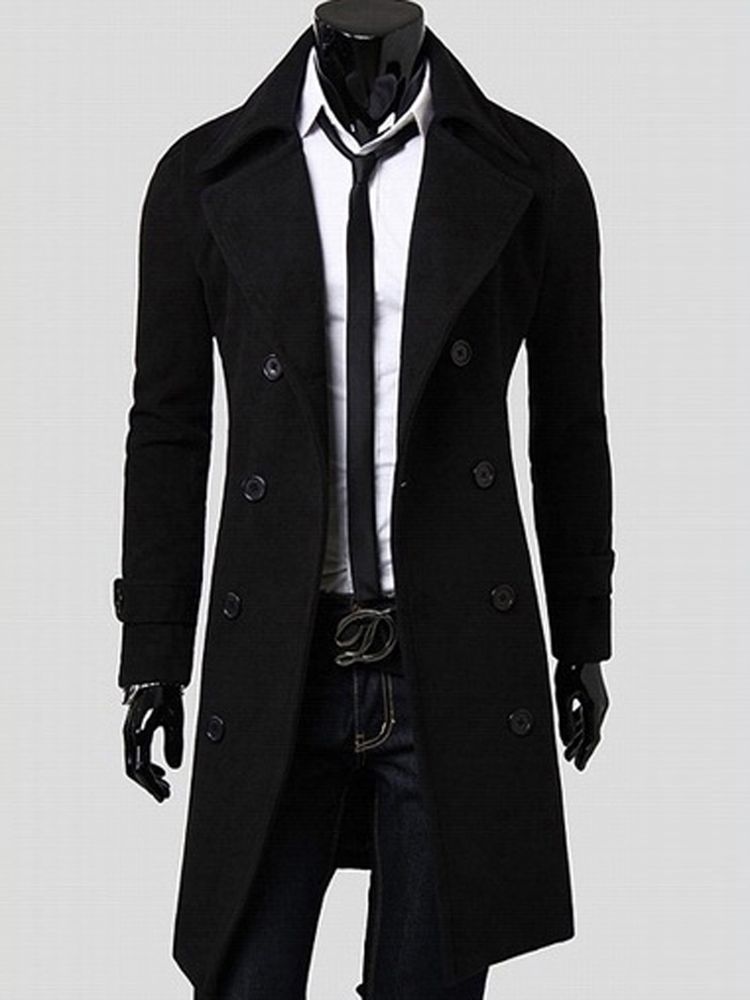 Notched Lapel Dubbelknäppt Slim Peacoat För Män