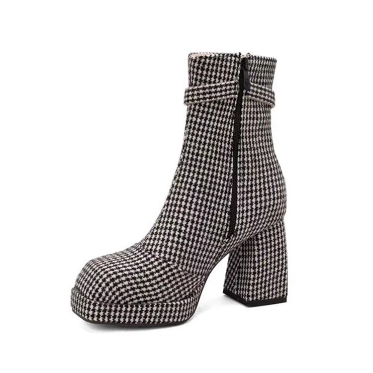 Chunky Häl Fyrkantig Tå Sida Blixtlås Tråd Stövlar Boots