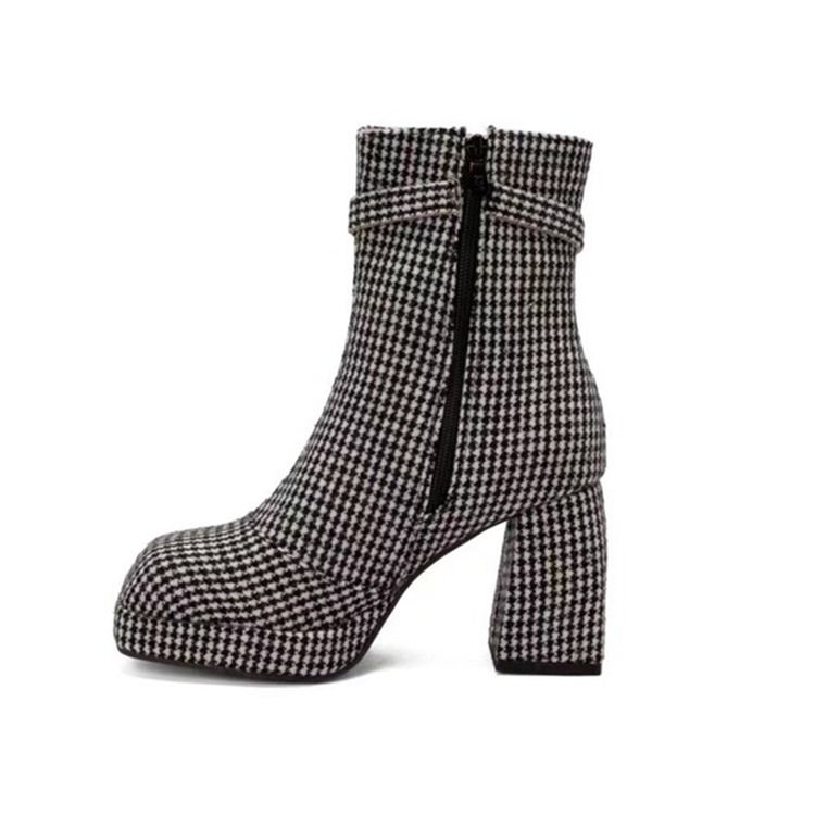 Chunky Häl Fyrkantig Tå Sida Blixtlås Tråd Stövlar Boots
