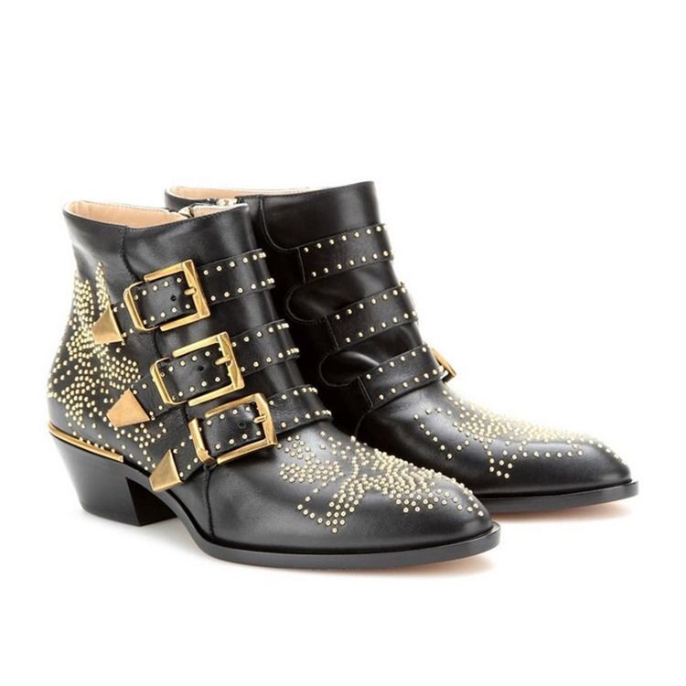 Chunky Häl Sida Blixtlås Spetsiga Tå Punk Stövlar Boots