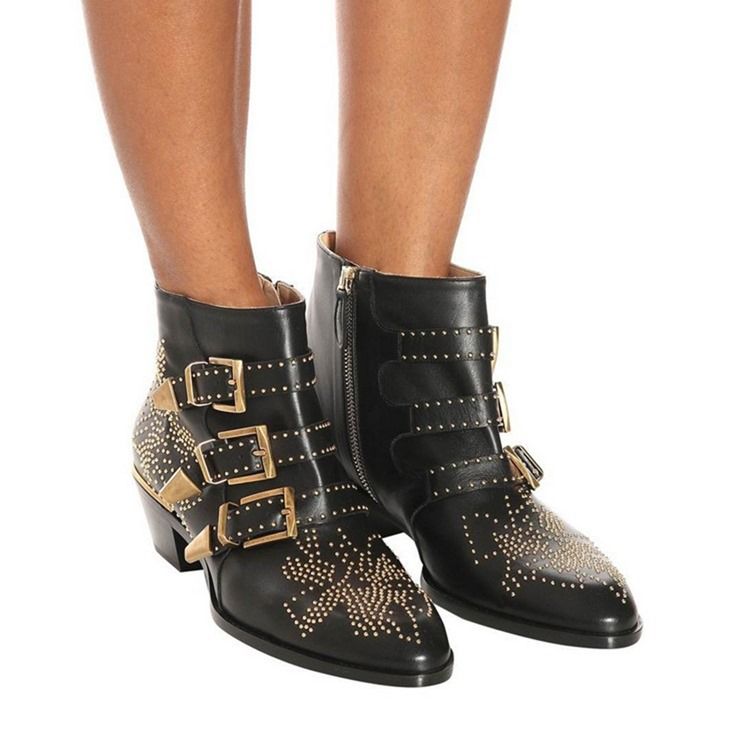 Chunky Häl Sida Blixtlås Spetsiga Tå Punk Stövlar Boots