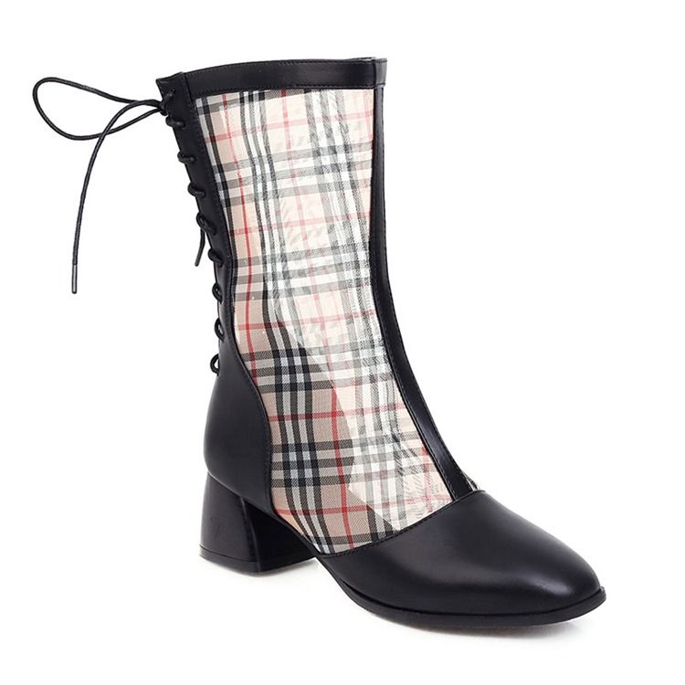 Chunky Heel Square Toe Patchwork Pu-Stövlar