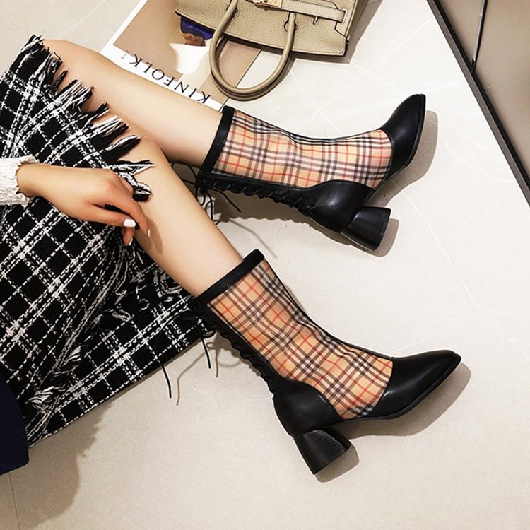 Chunky Heel Square Toe Patchwork Pu-Stövlar
