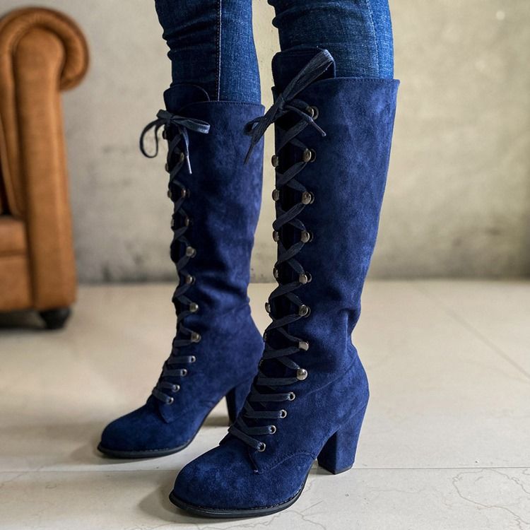 Chunky Heel Vanliga Snörningsstövlar Framtill