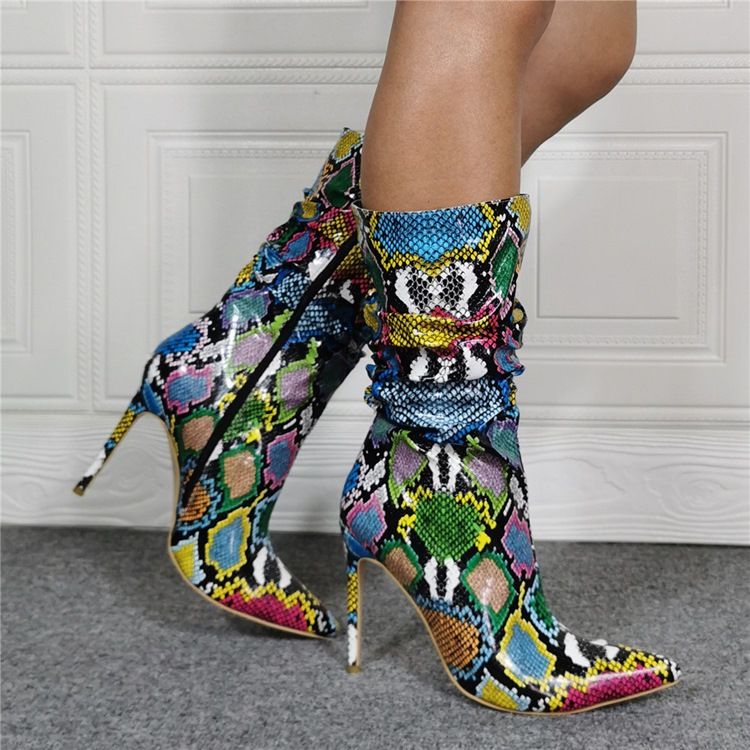 Color Block Sida Dragkedja Stiletto Heel Västerländska stövlar