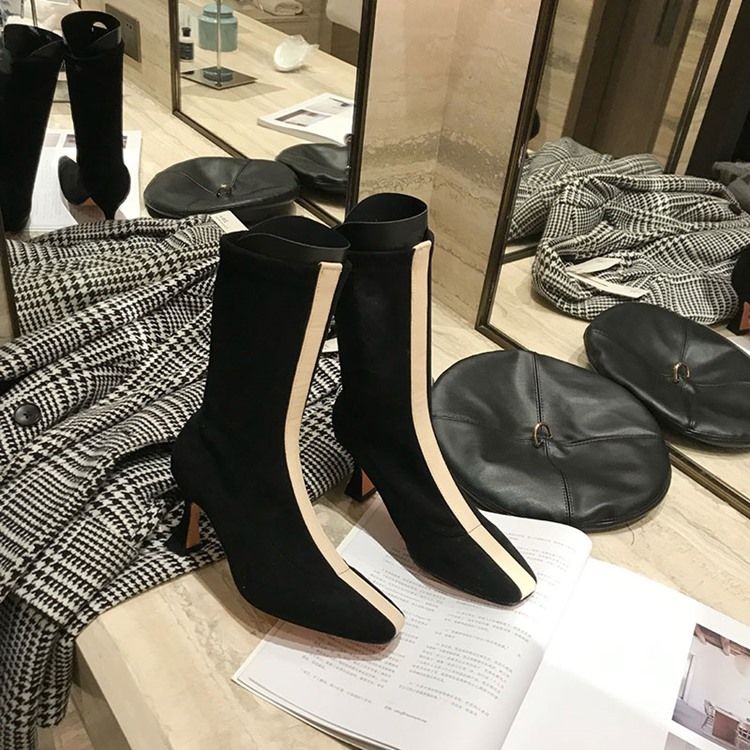 Color Block Slip-On Square Toe Högklackade Stövlar