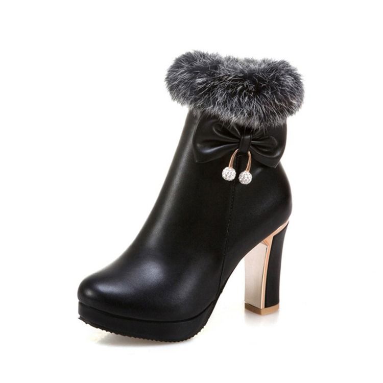 Fuzzy Bowknot Dekorerade Plattformsstövlar Med Hög Klack