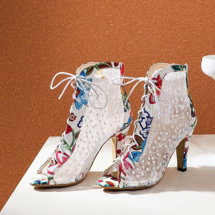 Peep Toe Back Zip Chunky Heel Brodery Stövlar Boots