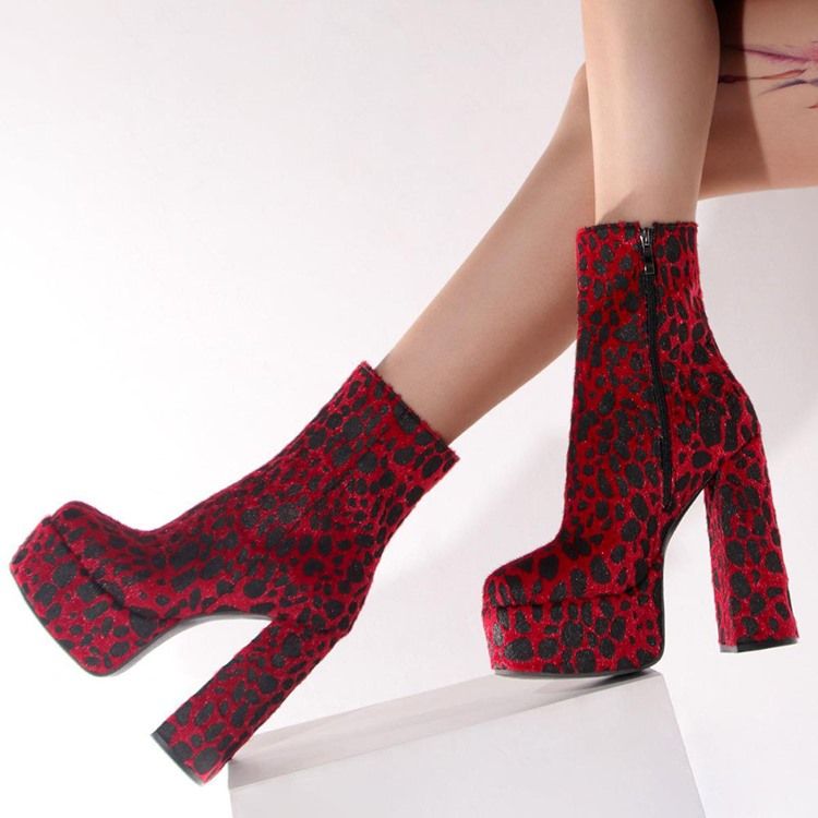 Rund Tå Leopard Chunky Heel Sexiga Stövlar