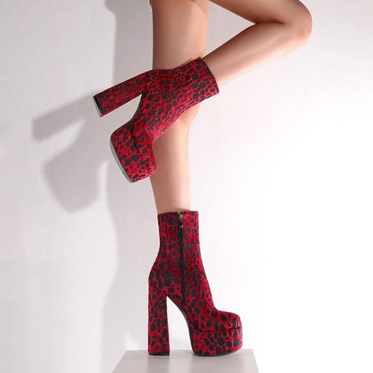 Rund Tå Leopard Chunky Heel Sexiga Stövlar