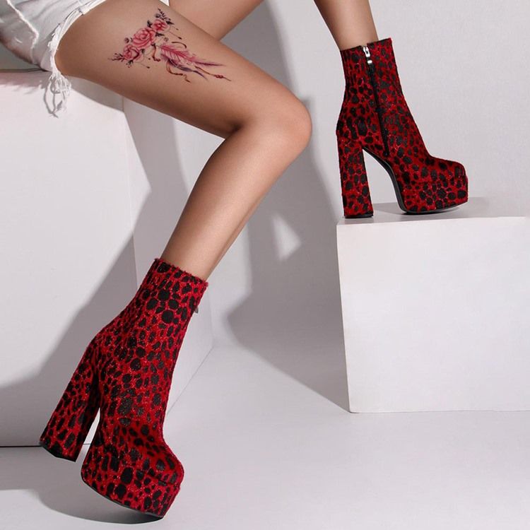 Rund Tå Leopard Chunky Heel Sexiga Stövlar