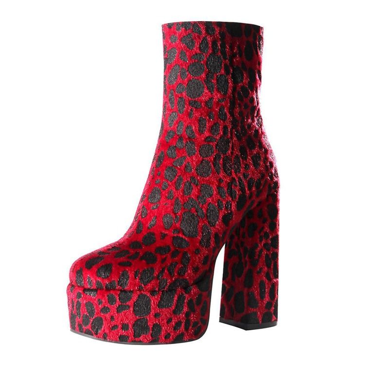Rund Tå Leopard Chunky Heel Sexiga Stövlar
