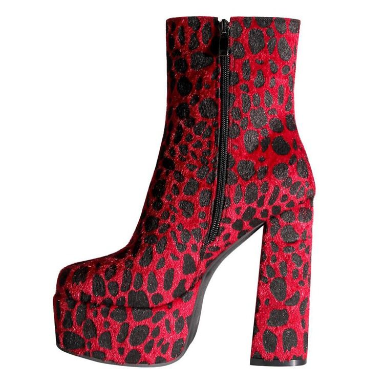 Rund Tå Leopard Chunky Heel Sexiga Stövlar
