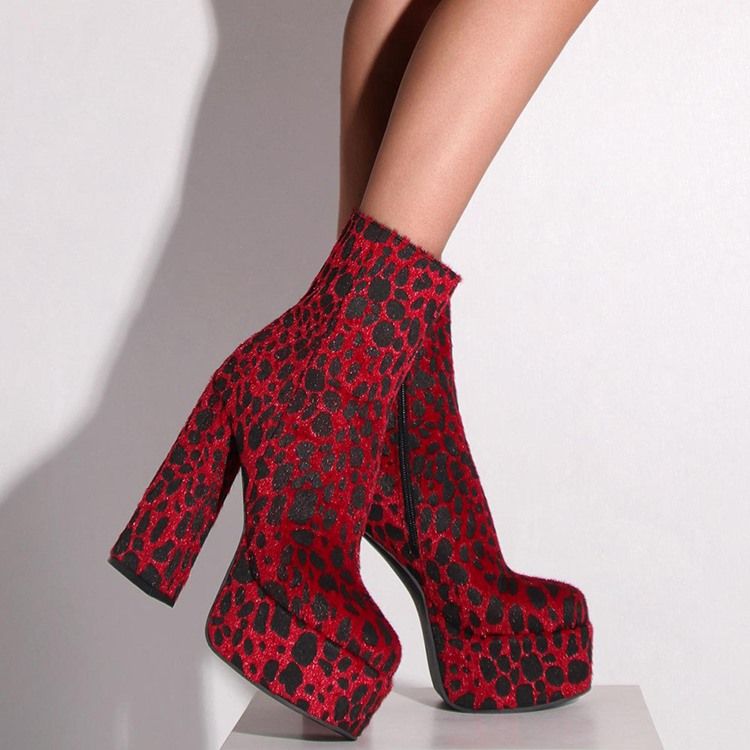 Rund Tå Leopard Chunky Heel Sexiga Stövlar