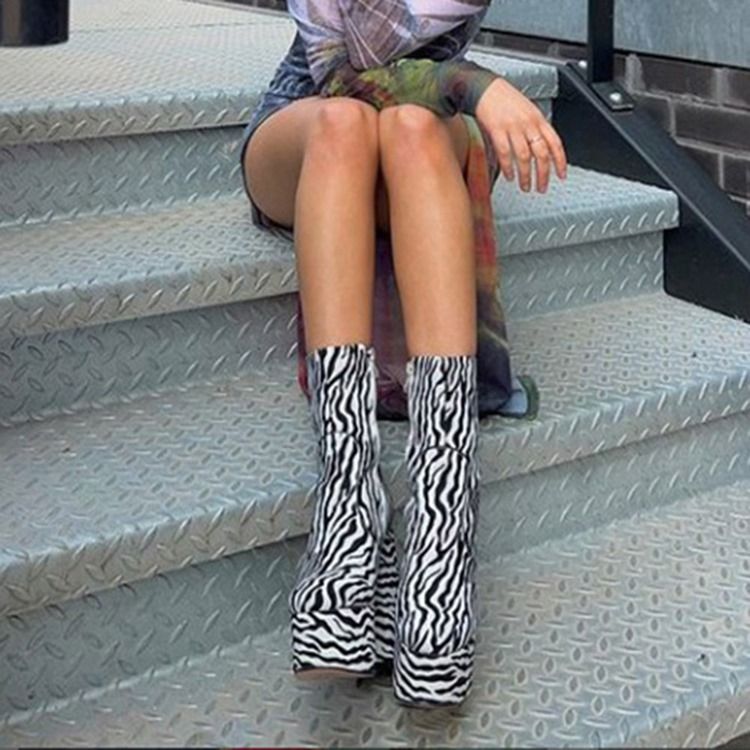 Rund Tå Zebra Chunky Heel Platform Stövlar Boots