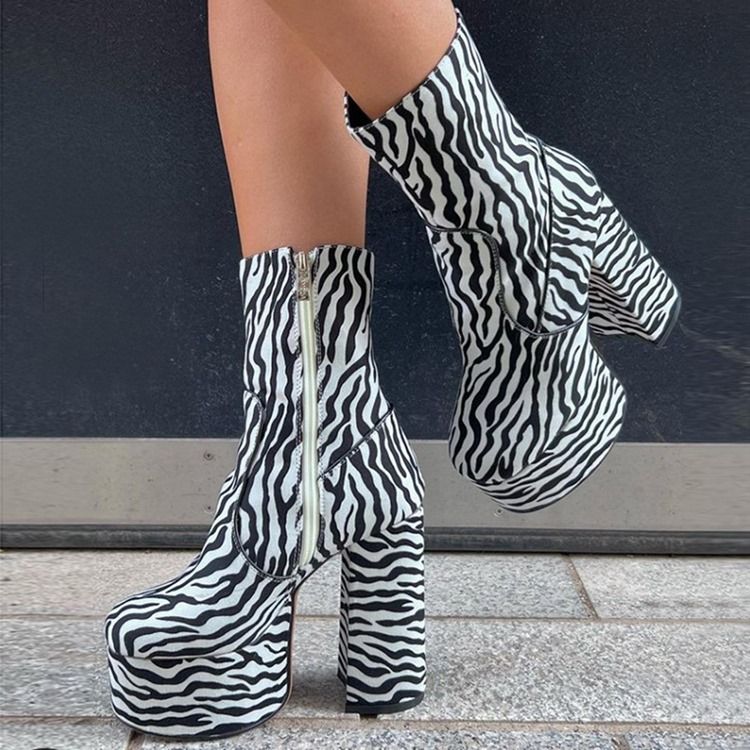 Rund Tå Zebra Chunky Heel Platform Stövlar Boots