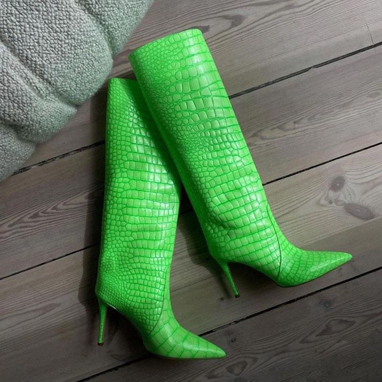 Slip-On Stilettklack Spetsad Tå Alligator Mönster Stövlar Boots