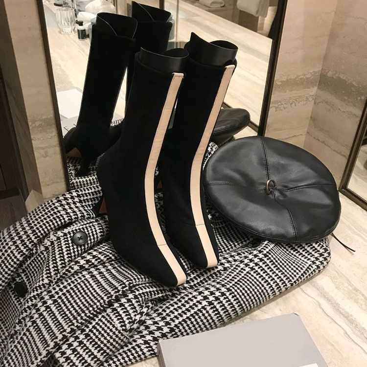 Square Toe Color Block Slip-On Högklackade Stövlar