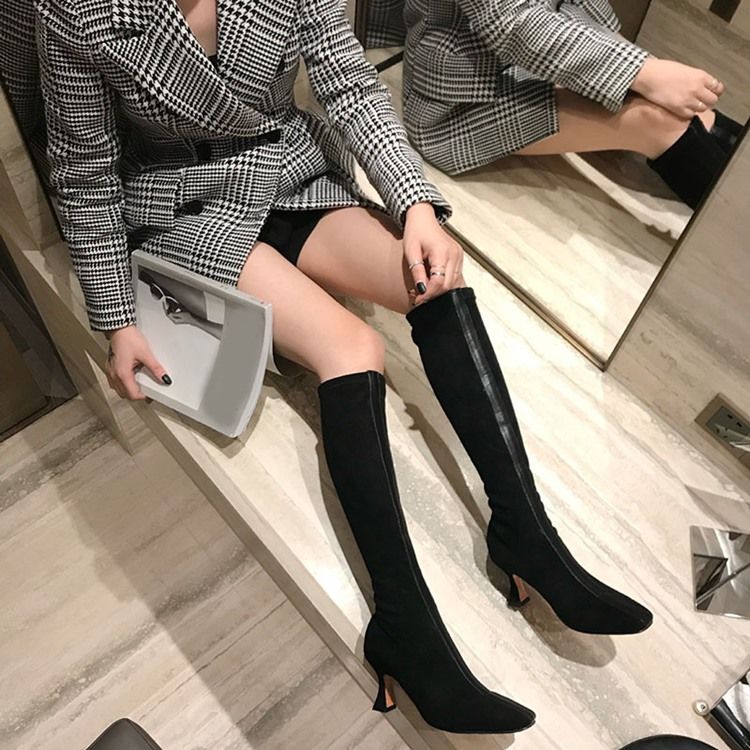 Square Toe Color Block Slip-On Högklackade Stövlar