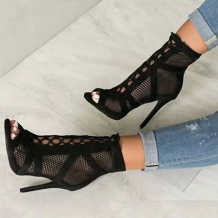 Vanlig Stilettklack Peep Toe Mesh-Stövlar