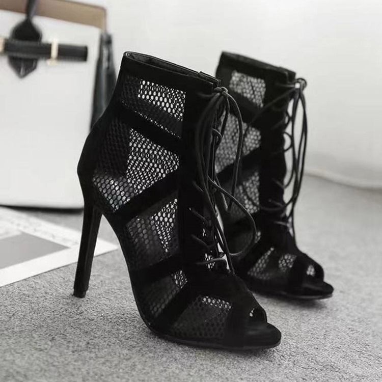 Vanlig Stilettklack Peep Toe Mesh-Stövlar