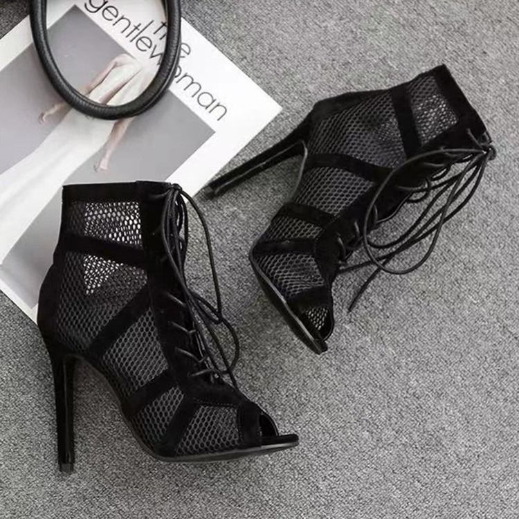 Vanlig Stilettklack Peep Toe Mesh-Stövlar
