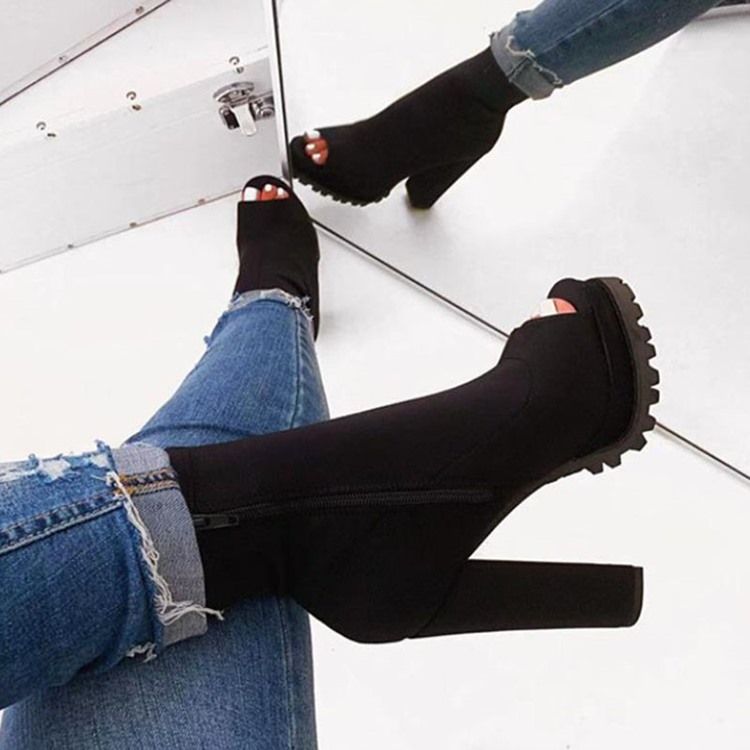 Zipper Chunky Heel Peep Toe Tråd Damstövlar