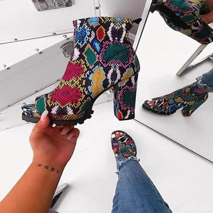Zipper Chunky Heel Peep Toe Tråd Damstövlar