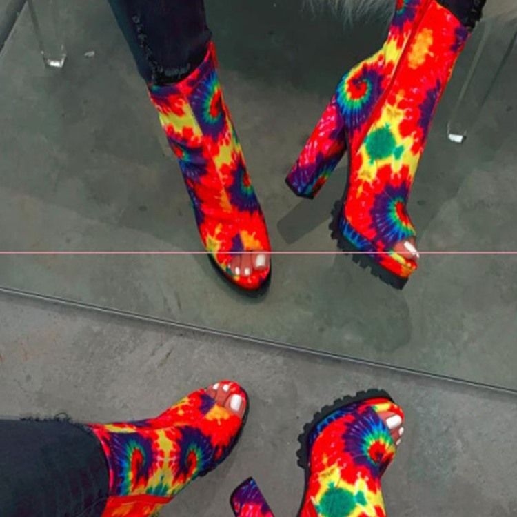 Zipper Chunky Heel Peep Toe Tråd Damstövlar