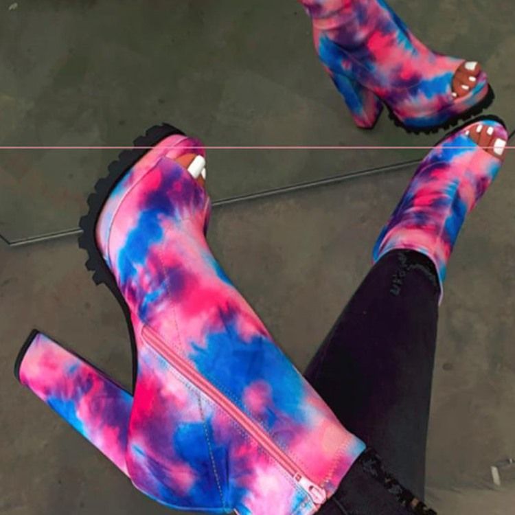 Zipper Chunky Heel Peep Toe Tråd Damstövlar
