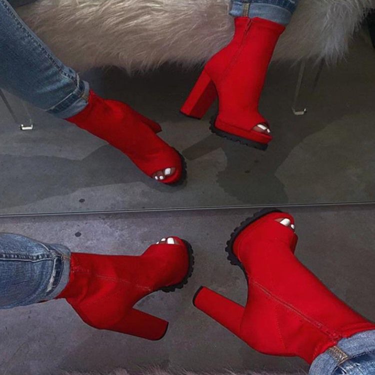 Zipper Chunky Heel Peep Toe Tråd Damstövlar