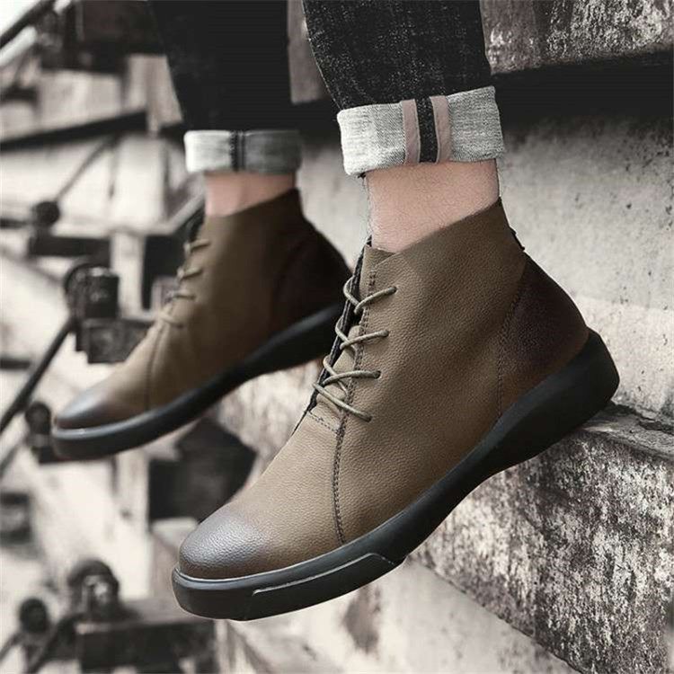 Lace-Up Fram Rund Toe Patchwork Pu Herrstövlar