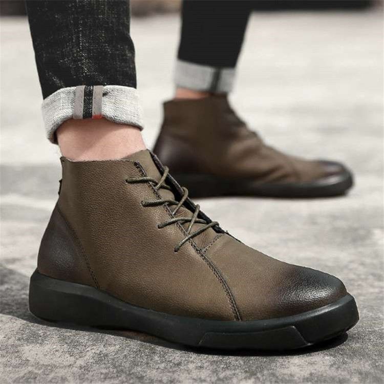 Lace-Up Fram Rund Toe Patchwork Pu Herrstövlar