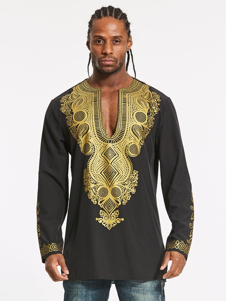 Afrikanskt Mode Dashiki Color Block Print Mellanlång Smal Herrskjorta