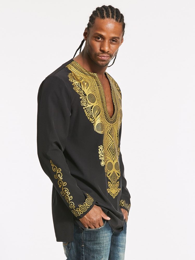 Afrikanskt Mode Dashiki Color Block Print Mellanlång Smal Herrskjorta