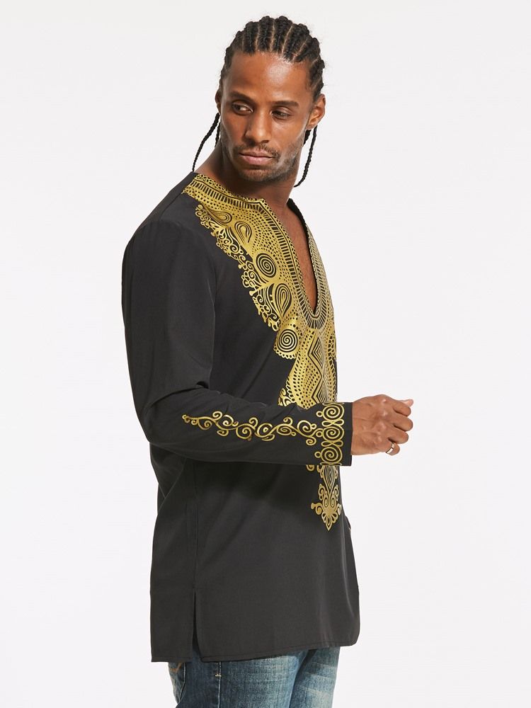 Afrikanskt Mode Dashiki Color Block Print Mellanlång Smal Herrskjorta