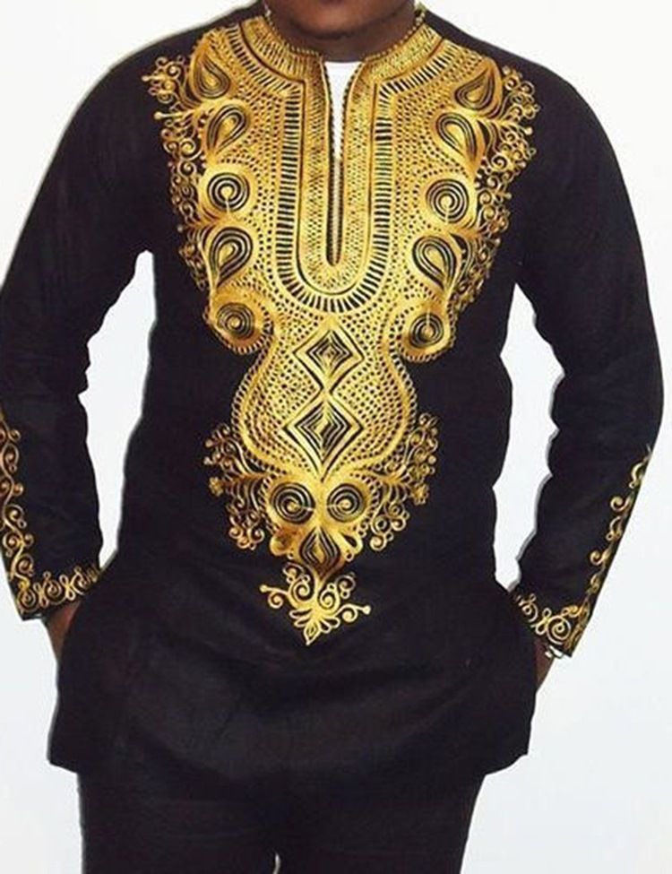Afrikanskt Mode Dashiki Color Block Print Mellanlång Smal Herrskjorta
