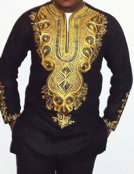 Afrikanskt Mode Dashiki Color Block Print Mellanlång Smal Herrskjorta