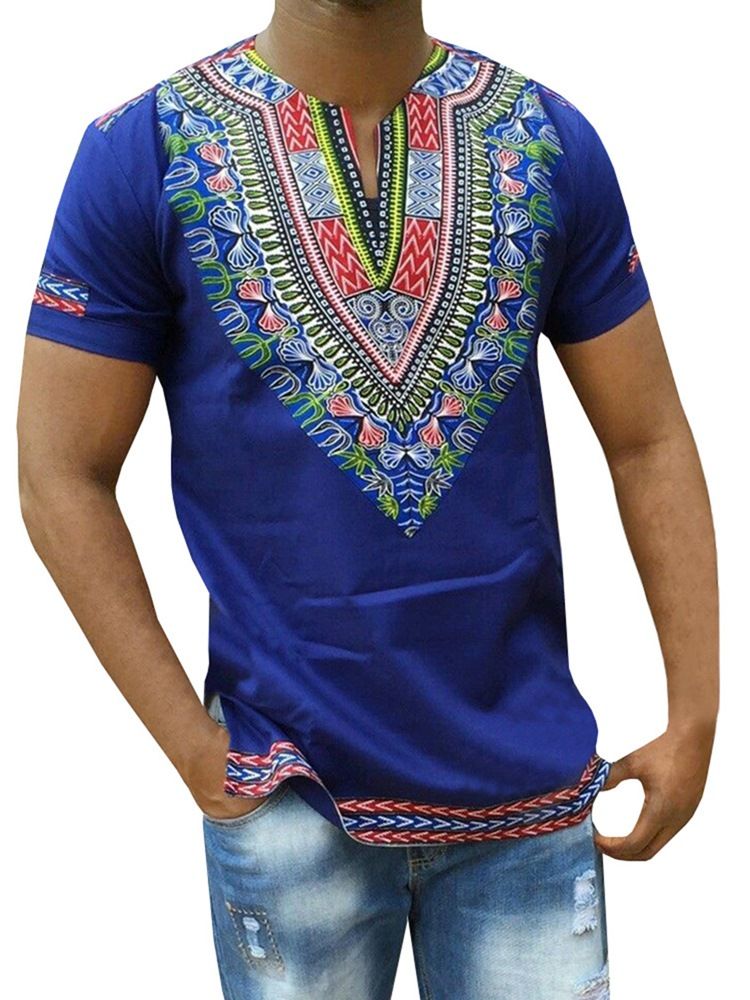 Afrikanskt Mode Dashiki Print V-Ringad Rak T-Shirt För Män