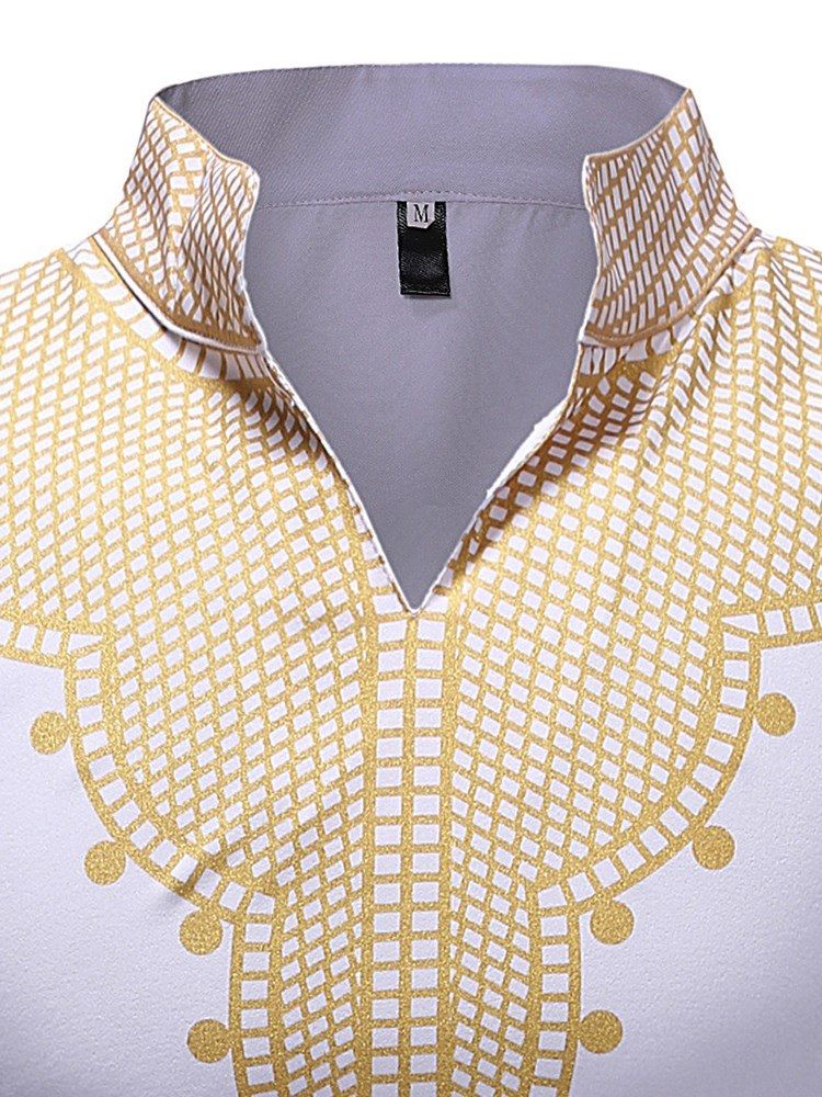 Afrikanskt Mode Dashiki Stativ Krage V-Ringad Män Casual T-Shirts
