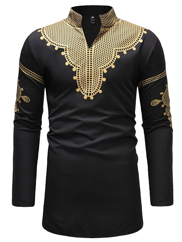 Afrikanskt Mode Dashiki Stativ Krage V-Ringad Män Casual T-Shirts