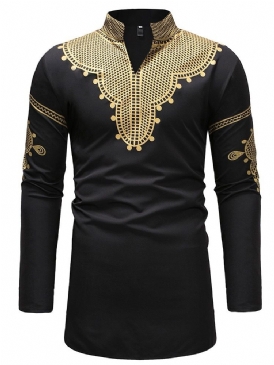 Afrikanskt Mode Dashiki Stativ Krage V-Ringad Män Casual T-Shirts
