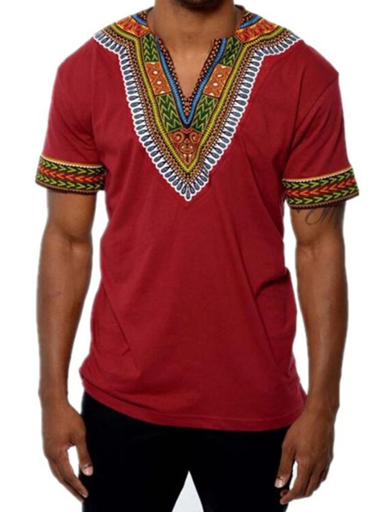 Afrikanskt Mode V-Ringad Dashiki Print Kortärmad T-Shirt För Män
